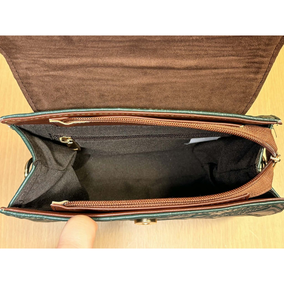 Dark Forest Green Sunflower Embossed Tooled Artisan LEATHER Crossbody Bag Purse - Picture 12 of 16